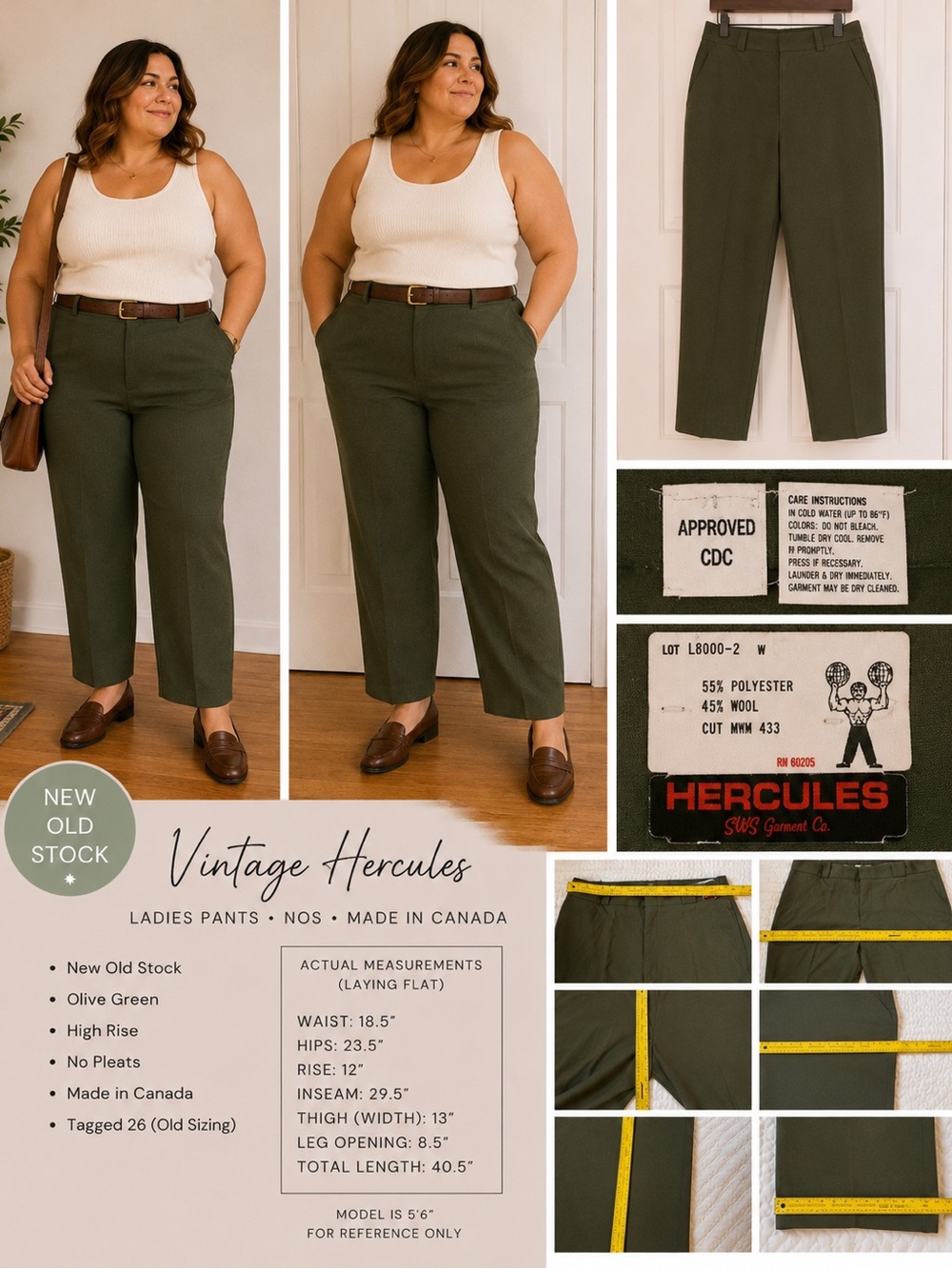 Vintage Hercules NOS Olive Green High Rise Trousers Women’s XXL Menswear Style